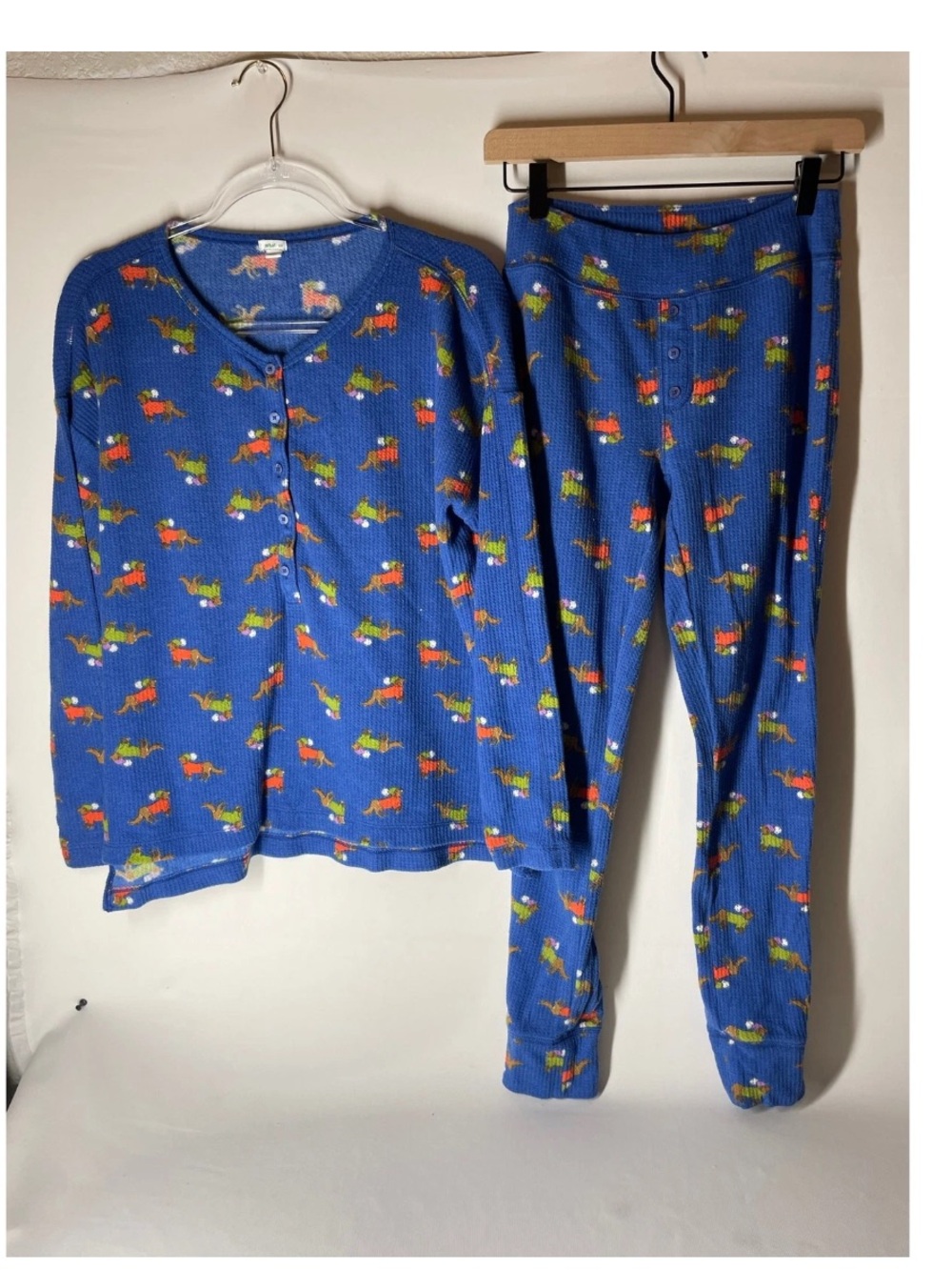 Aerie Thermal Waffle Knit Dachshund Dog Print Pajama Set Blue - Picture 4 of 16